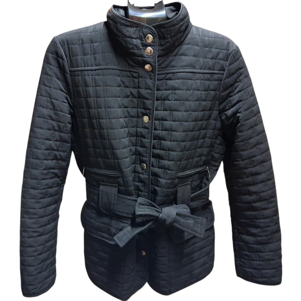 Esprit Quilted Jacket Women Large Black Excellent Tie Belt Snap Front Coat